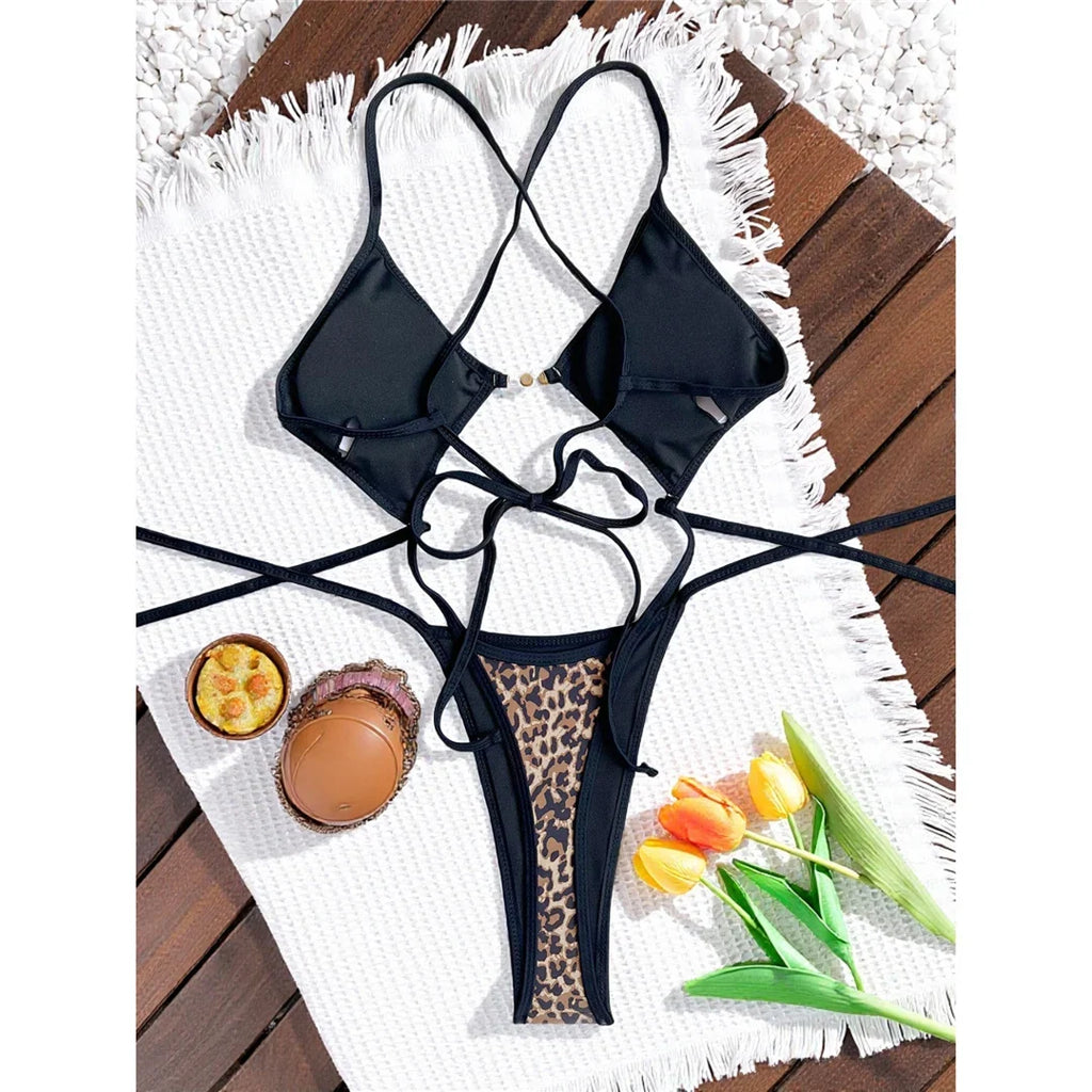S - XL Leopard Extreme String Mini Micro Thong One Piece Swimsuit Women Swimwear Female Padded Bather Bathing Suit Swim K7067