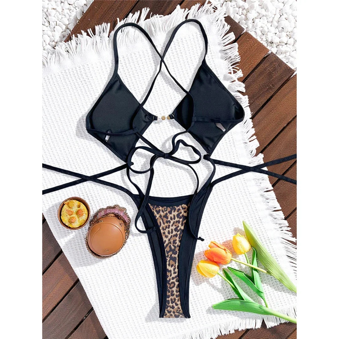 S - XL Leopard Extreme String Mini Micro Thong One Piece Swimsuit Women Swimwear Female Padded Bather Bathing Suit Swim K7067