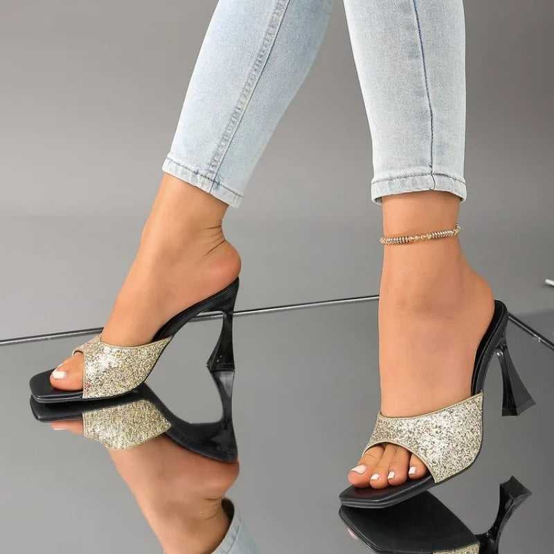 Shining Women's Summer Slippers Elegant Pointed Toe Thin High Heels Party Slides
