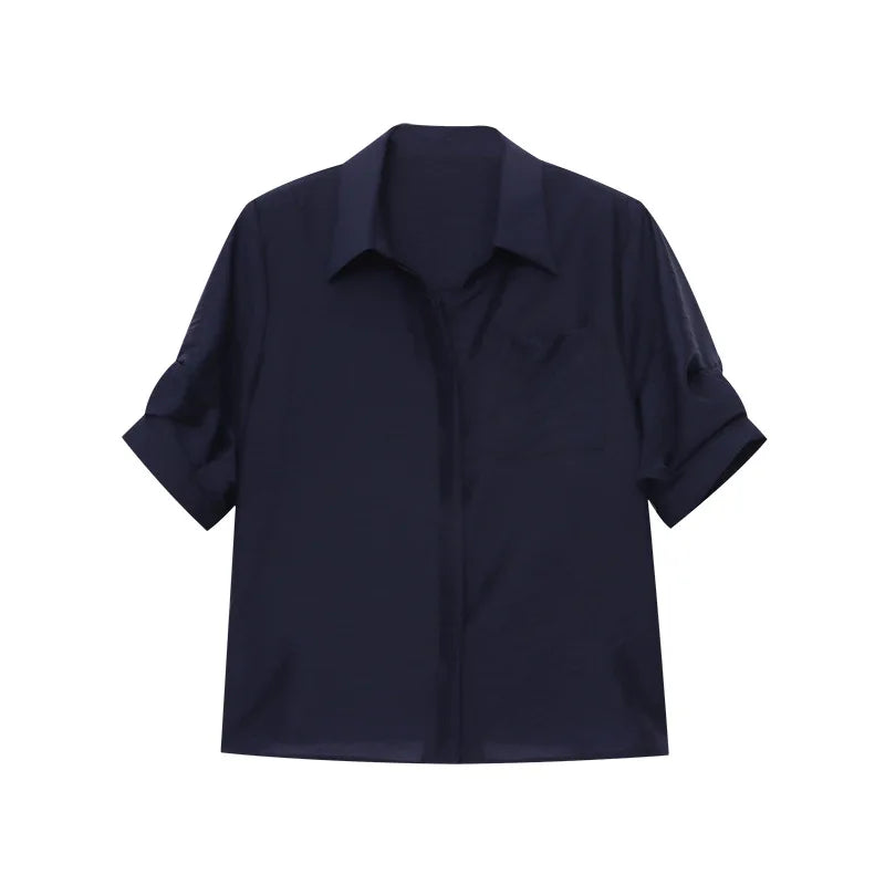 Turn-Down Collar Loose Short-Sleeve Shirt Women White Short Sleeve Shirt Chest Pocket V Neck Button Casual Summer Blouse H9EH