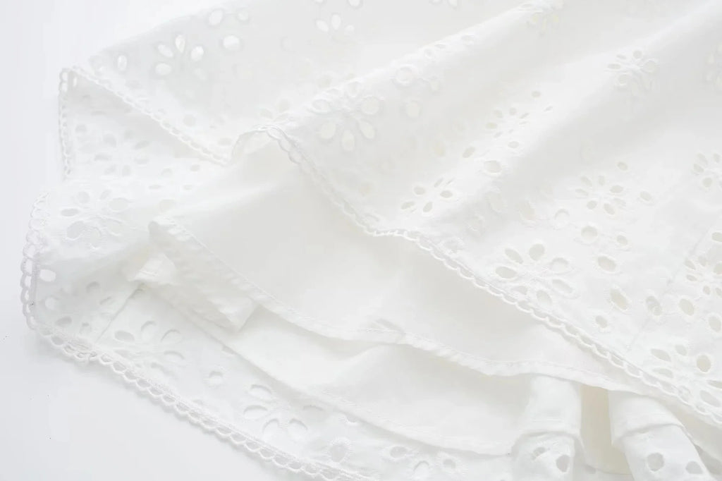 Foridol Lace Summer White Dress Women Puff Sleeve Embriodery Waist Cut Out Beach Short Sexy Cotton Dress Backless 2025 Sundress