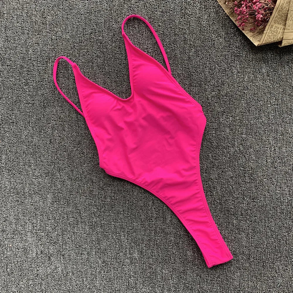 DEKA Solid Deep V One Piece Swimsuit Brazilian Mini Bikini Women High Cut Thong Backless Swimwear Female Bathing Suit Monokini