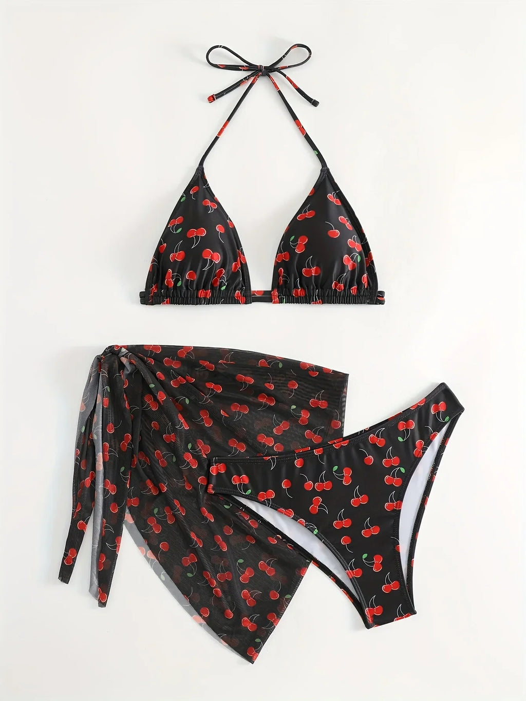 With Mesh Skirt Cherry Printed Bikini Female Swimsuit Women Swimwear Three Pieces Bikini Set Halter Bathing Suit Swim Beachwear