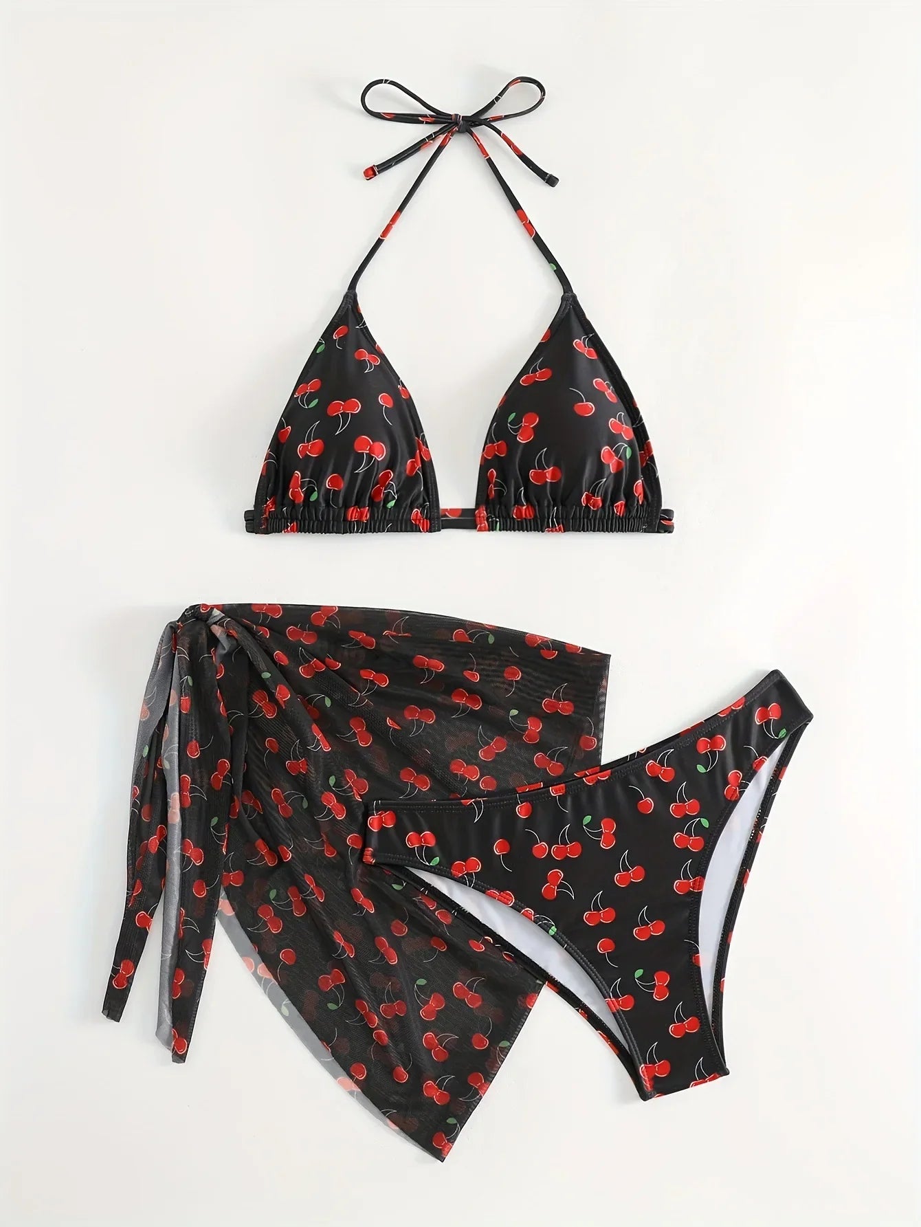 With Mesh Skirt Cherry Printed Bikini Female Swimsuit Women Swimwear Three Pieces Bikini Set Halter Bathing Suit Swim Beachwear