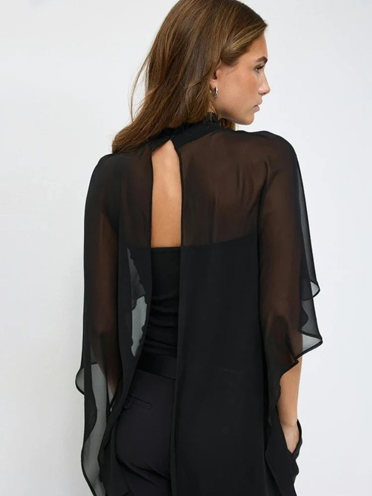 FDYOUI Woman Black Corset with Cover-ups 2-piece Sets Chic Sexy Hollow Out Evening Party Tops Female Blouses Shirts High Street