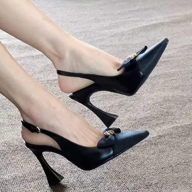French Bow Knot High Heel Sandals for Women Sexy Back Strap Pointed Toe Sandalias Woman 2025 Office Patent Leather Sandals Mujer