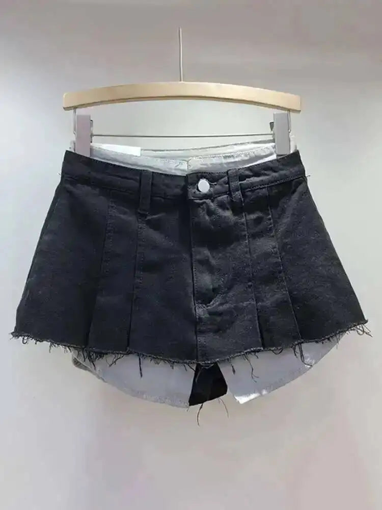 Women's Denim Skirt High Waist Pleated Patchwork Contrast Color Big Pockets Burrs A-line Mini Skirt 2026 Summer New SKIRTS 7W7E