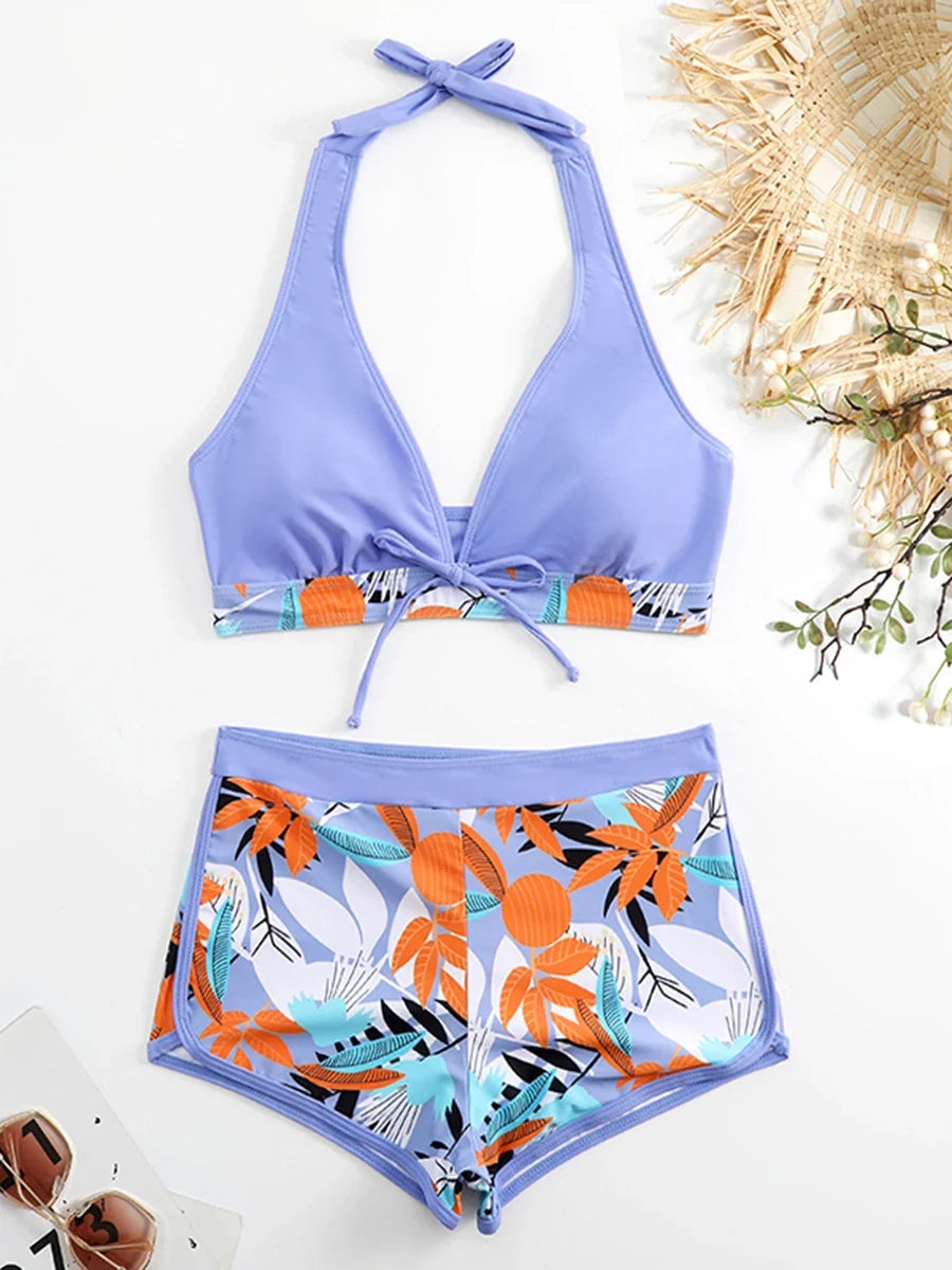 Halter Bikinis 2026 Women Printed Swimsuit Shorts High Waist Swimwear Female Bathers Swimming Bathing Suit Summer Beachwear