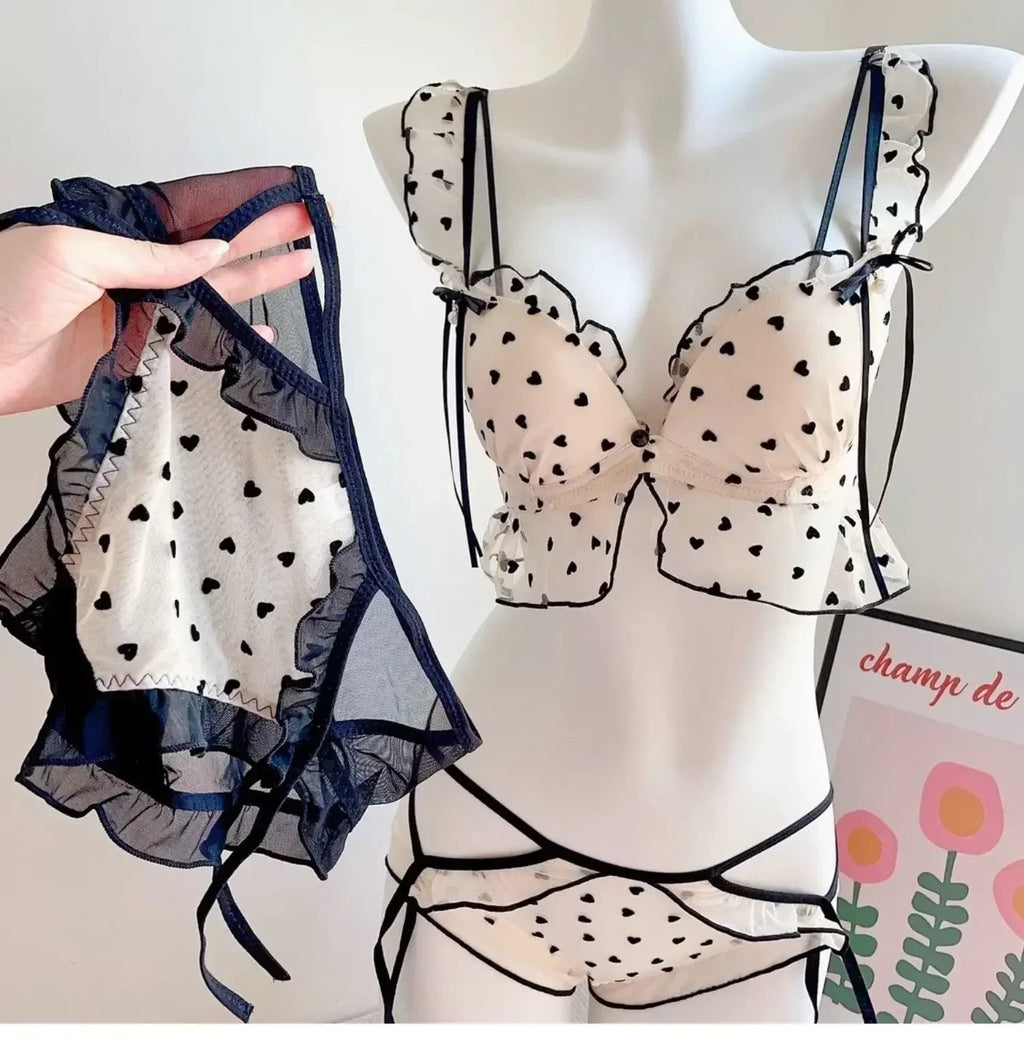 Japanese Mesh No-wire lace Underwear set Women's small breasts gather sexy pure desire sweet bra cute bra Panty SET TUSHY