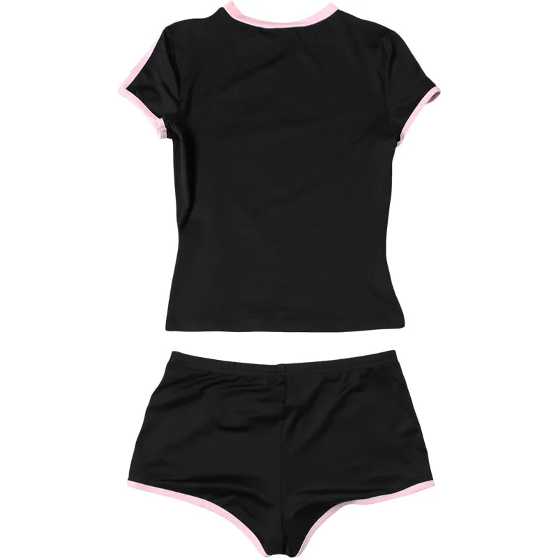 2026 New Women's Sexy Hot Girl Slim Fit Crop Top Shorts Set Solid Color Block High Waist Shorts Two Piece Outfit
