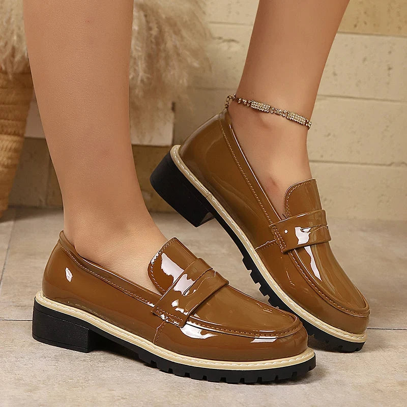 Patent Leather Thick Heels Loafers Women Spring New Mixed Color Med Heel Office Pumps Woman Plus Size 43 Slip On Single Shoes