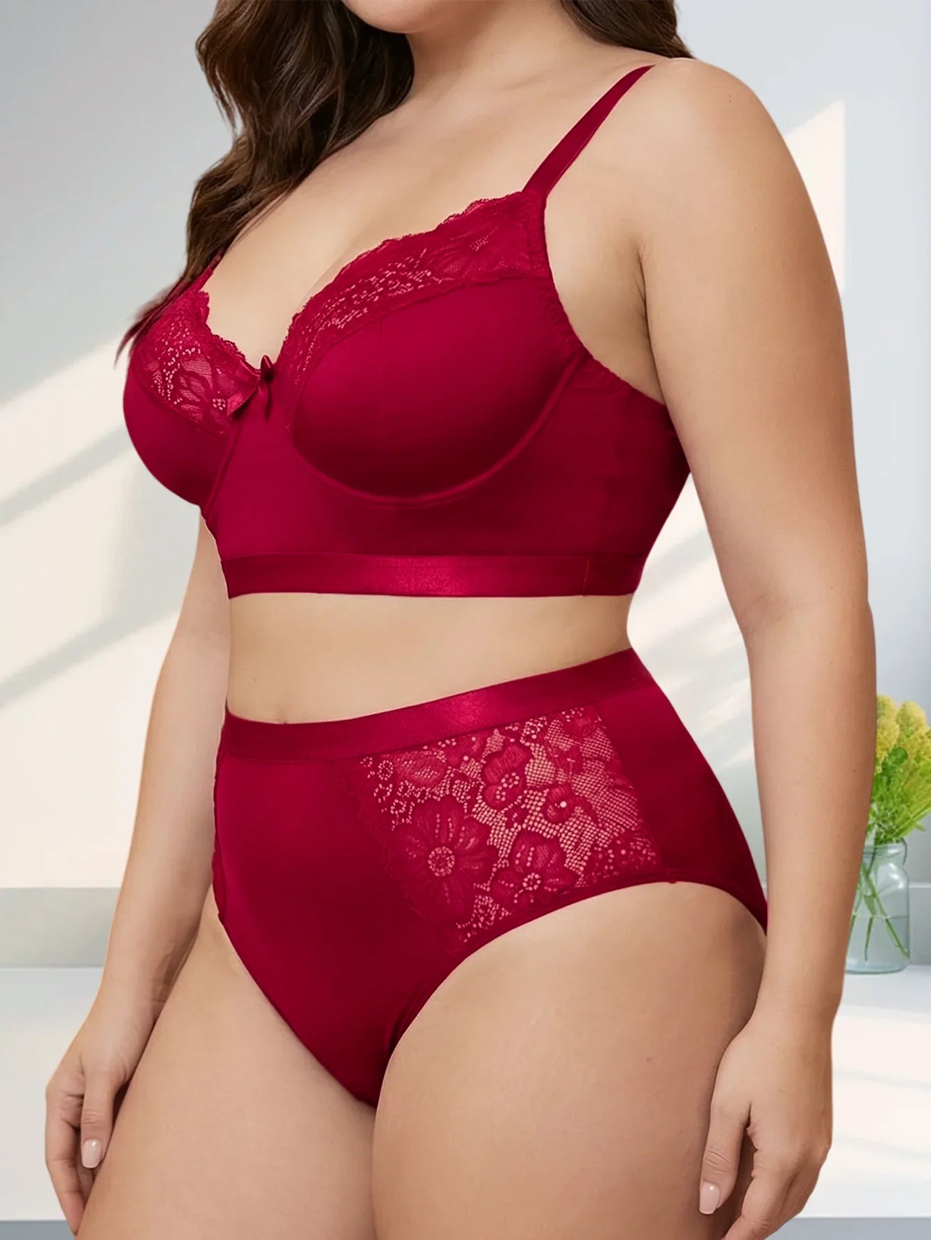 Women’s Sexy Red Lingerie Set, Plus Size Smooth Lace Push Up Bra, Thin Sheer Underwear Set for Big Bust