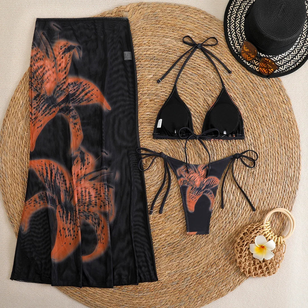 10 Color Flowers Halter Bikini Female Swimsuit Women Swimwear Three-pieces Bikini set With Skirt Bather Bathing Suit Swim V6637C