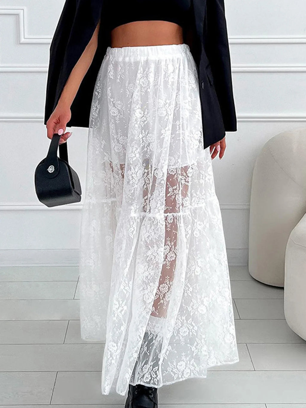 Women See-Through Lace A-Line Skirts Casual Summer Solid Color Elastic Waist Long Skirt for Beach Vacation Club