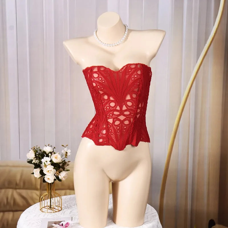 Toucheart Hot Girl Suspender Sexy Top with Fishbone Corset Intimate Hollow See-through Lace Classic Romantic Retro Palace Corset