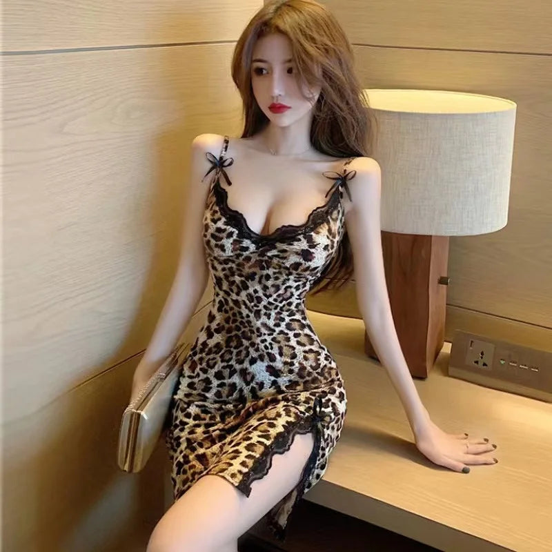 Lace Trim Leopard Nightdress V Neck Backless Side Split Slip Sleep Dress Women's Sleepwear Dresses