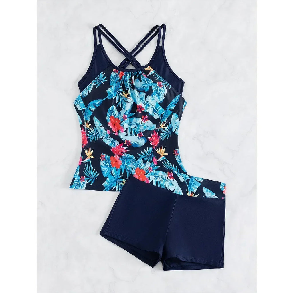Women's Conservative 2 Piece Swimsuit Black Stripe Print Patchwork Tankini Bikini Set Suspender Cross Backless Bathing Suit 2025