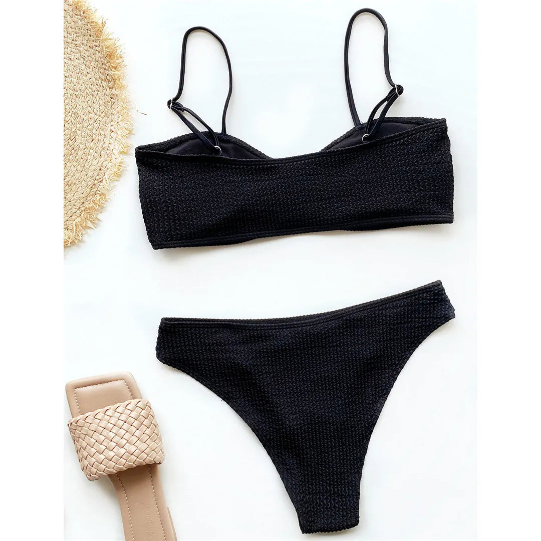 New Sexy Wrinkled Mid Waist Padded  Bikini Women Swimwear Female Swimsuit Two-Pieces Bikini Set Bather Bathing Suit Swim V3163