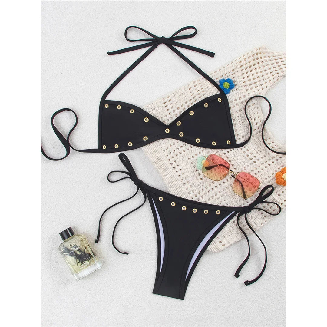 New Sexy Halter Bikini Women Swimwear Female Swimsuit Two-pieces Bikini set High Cut Leg Strappy Bather Bathing Suit Swim V7950
