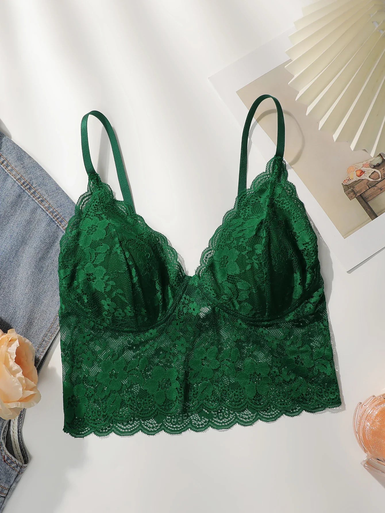 European and American green lace lingerie camisole vest women's gathering bra sexy breathable thin women's braissere MR2641