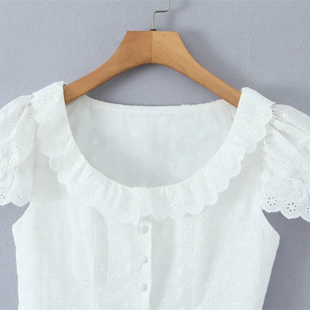 Sweet Lace Doll Collar Puff Sleeve Women's Shirt With Single Breasted Buttons Hollow Jacquard Slim-fit Pure Desire Elegant 6VN3