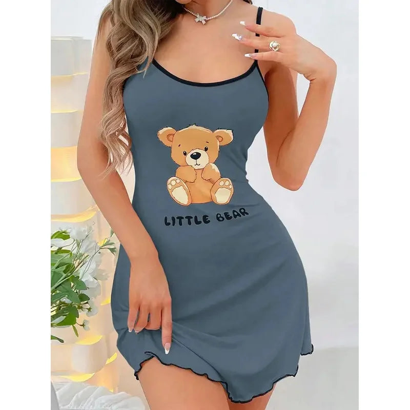 Summer Suspenders Mini Dress Women Sleepwear Comfortable Home Leisure Sexy Nightgowns Littler Bear Printed Nightdress