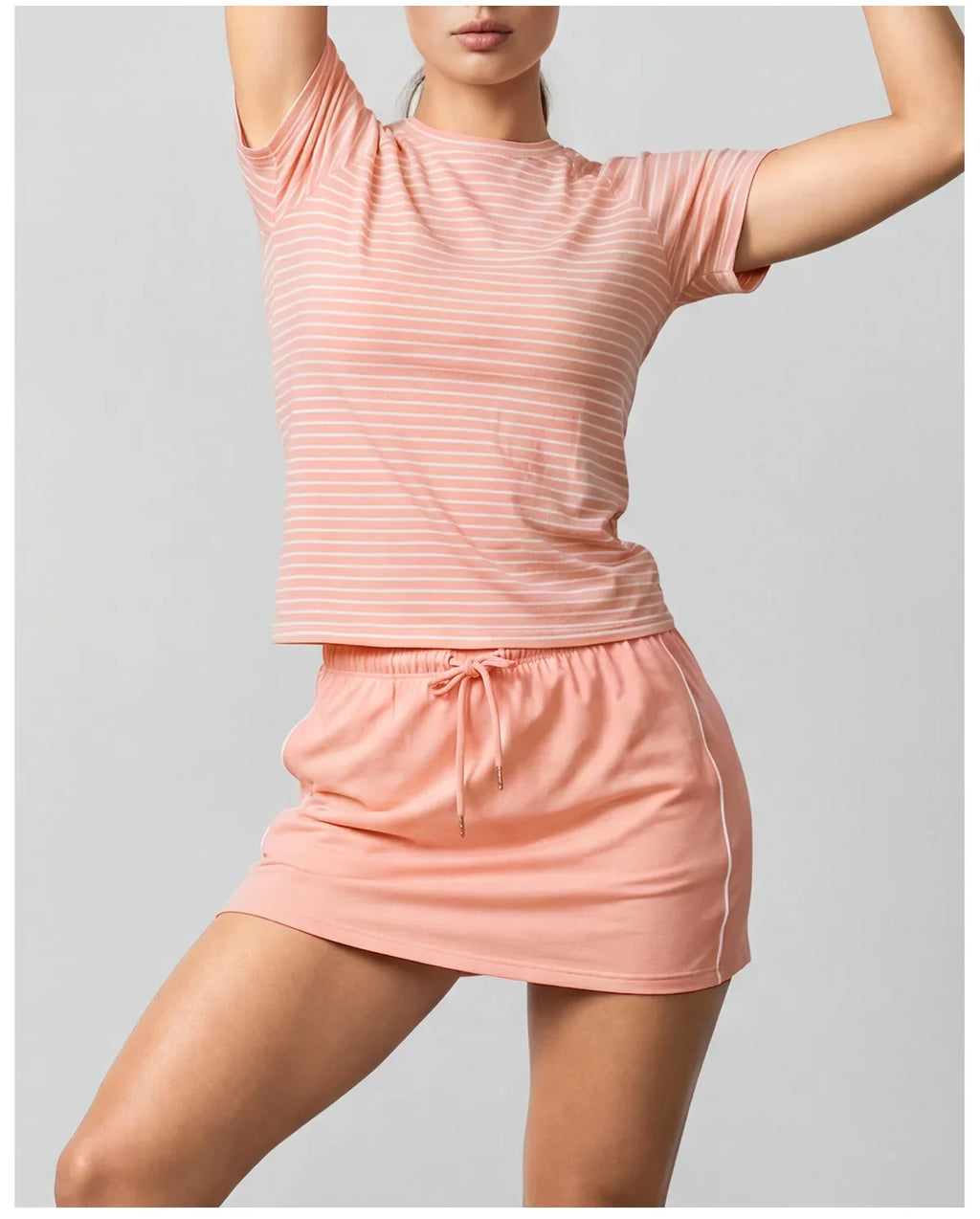 Women's Yoga Outfit Set Black Stripe Tennis Skirt Workout Clothes Short Sleeve O Neck Sports T Shirts Mini Skorts Fitness Sets