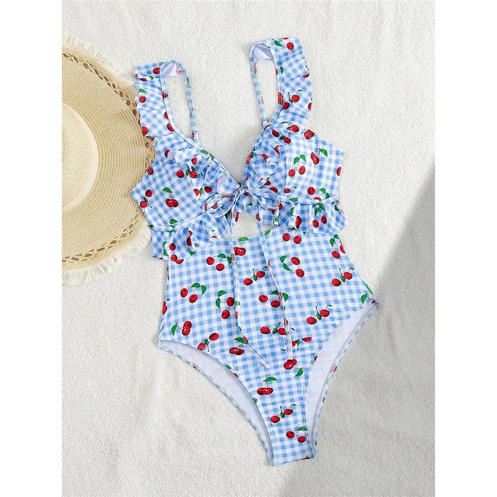 S - XL Cherry Printed Plaid Cut Out One Piece Swimsuit Women Swimwear Female Frilled High Leg Cut Bather Bathing Suit Swim V7557