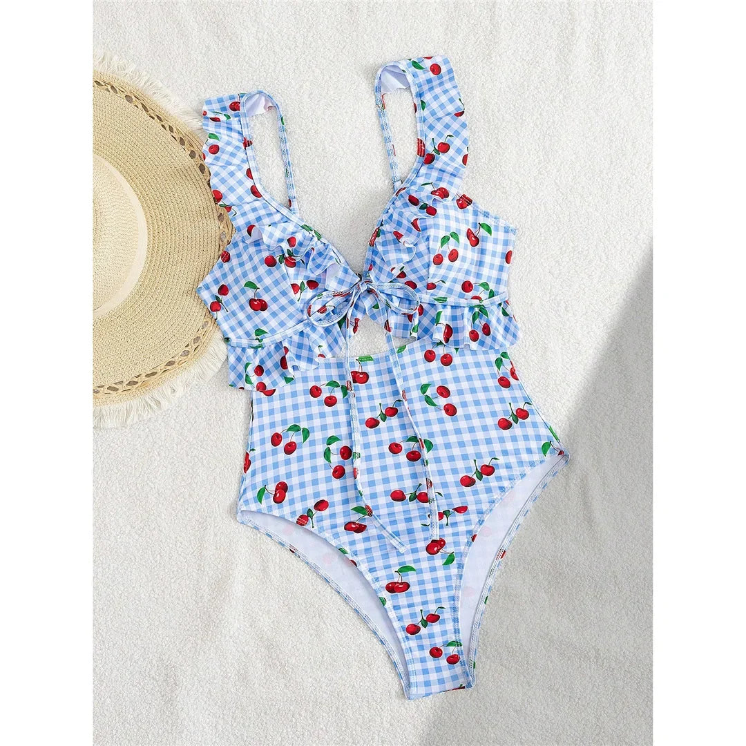 S - XL Cherry Printed Plaid Cut Out One Piece Swimsuit Women Swimwear Female Frilled High Leg Cut Bather Bathing Suit Swim V7557