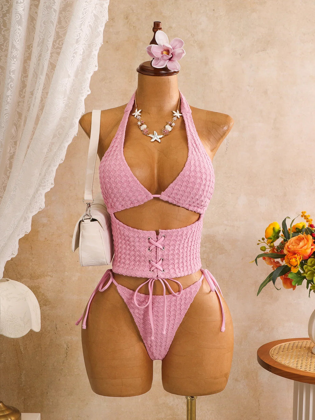 Sexy Pink Plaid Print Bikini Set 2026 Women Bandage Cross Fishbone Top 3 Piece Swimsuit Summer Bathing Suit Holiday Swimwear