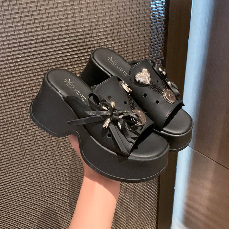 Metal Decor Chunky Platform Sandals Women 2026 Summer Open Toe High Heels Clogs Slippers Woman Bowknot Wedge Heel Sandles Female