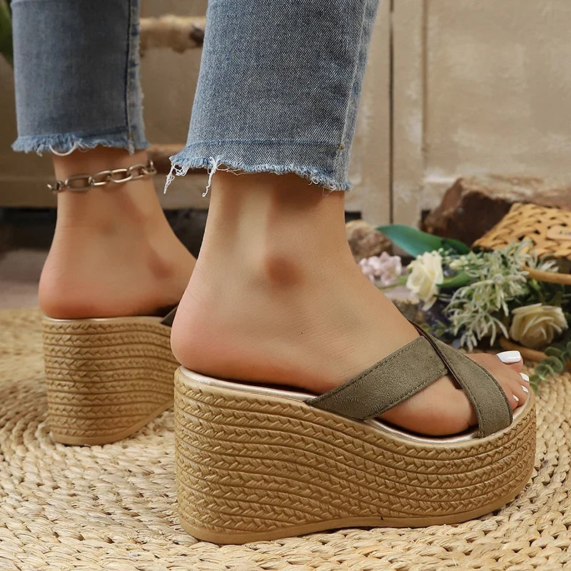2026 Wedges Slippers Women Summer Plus Size 43 Chunky Platform Sandals Woman Comfortable Cross Strap High Heeled Sandals Female