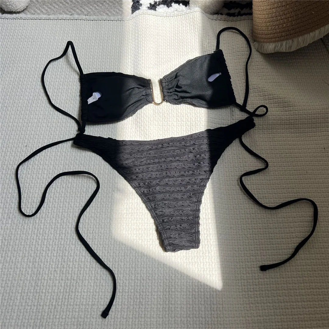 U Neck Wrinkled Crinkled Bikini Women Swimwear Female Swimsuit Two-Pieces Bikini Set High Cut Bather Bathing Suit Swim V5708B