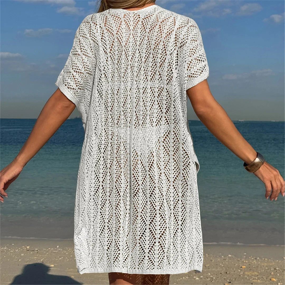 Sexy Short Sleeve Hollow Out Crochet Knitted Tunic Beach Cover Up Cover-ups Beach Dress Beach Wear Beachwear Female Women K6686