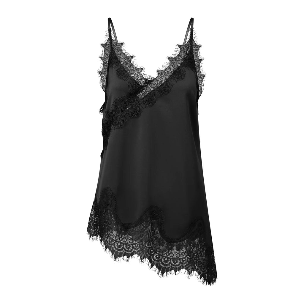 Women Summer Solid Color Lace Trimmed Camisole Fashion Spaghetti Strap Tank Top with Scalloped Hem