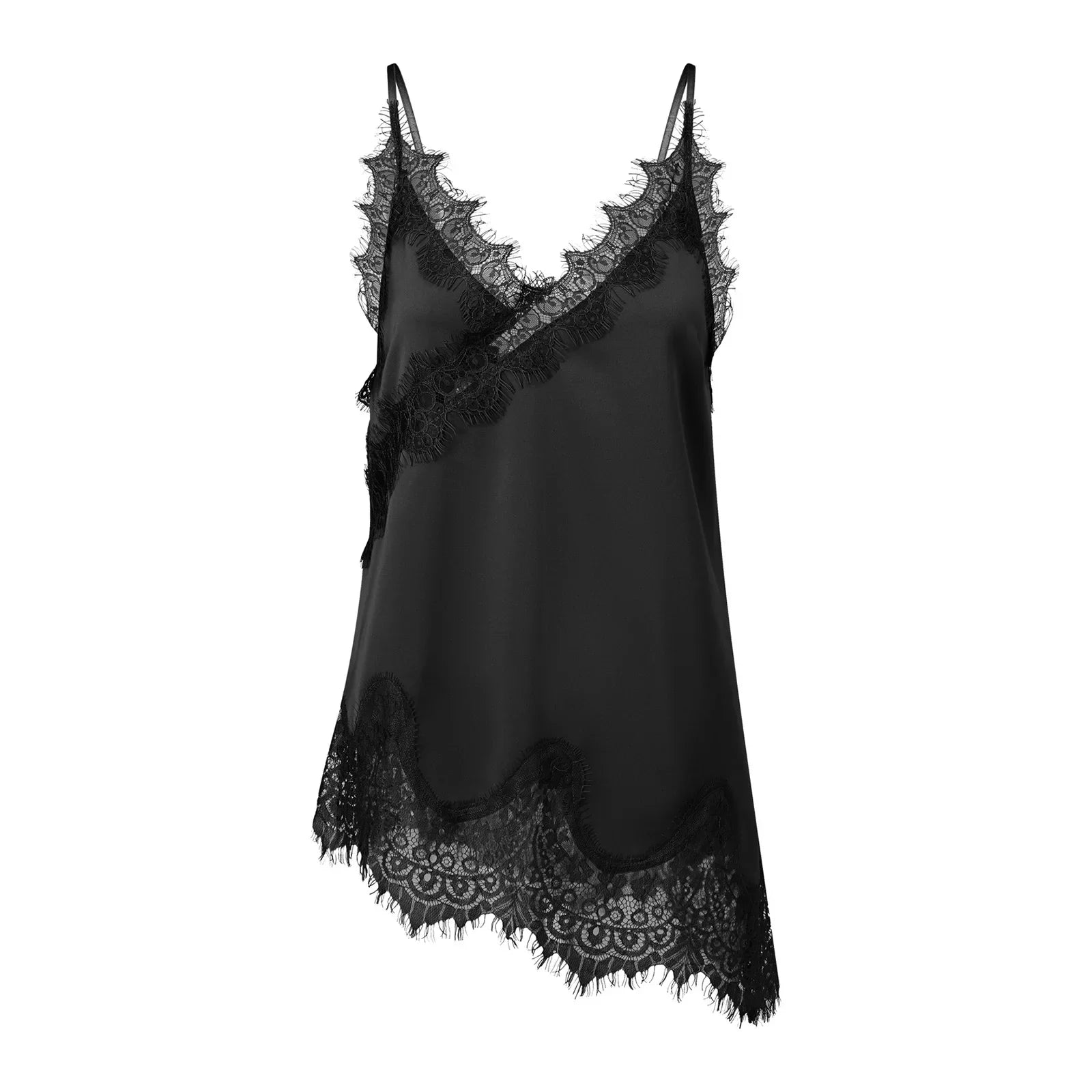 Women Summer Solid Color Lace Trimmed Camisole Fashion Spaghetti Strap Tank Top with Scalloped Hem
