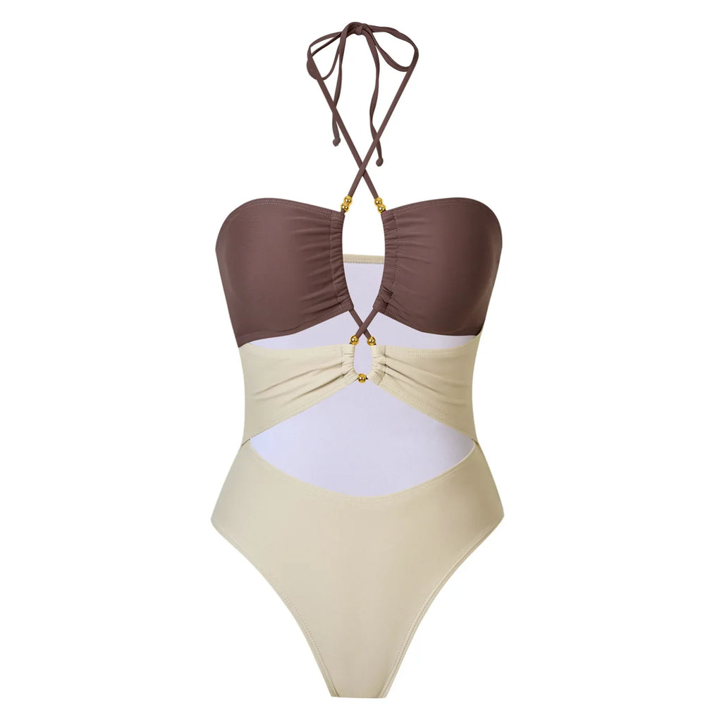 Cut Out One Piece Swimsuit with Skirt 2025 Women Hollowen Swimwear Monokini Patchwork Bodysuit Female Bathing Suit Beach Wear