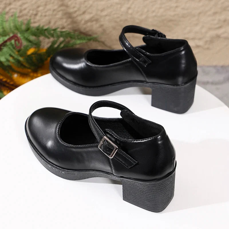 Plus Size 42 Black Thick Heels Pumps Women Classic Pu Leather Platform Mary Jane Shoes Woman Ankle Buckle Office High Heel Shoes