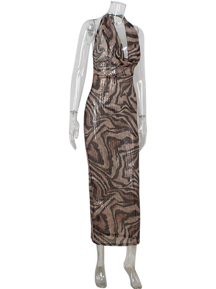 Ahagaga Fashion Leopard Sequins Women's Party Dresses Sexy Deep V-Neck Sleeveless Slim Fit Bodycon Maxi Elegant Vestidos Robes