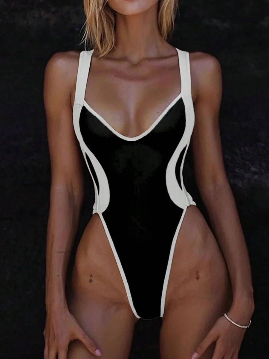 Splicing V Neck Cross Backless Women Thong Swimwear One Piece Swimsuit Female Monokini High Leg Cut Bathing Suit Swim Beach Wear