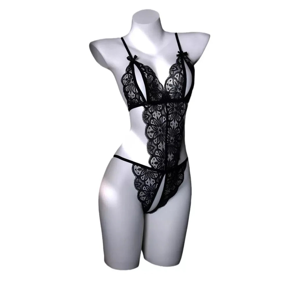 Hot Floral Lace Teddy, Bow Decor Split Cup Open Crotch Backless Bodysuit, Women's Sexy Lingerie & Underwear