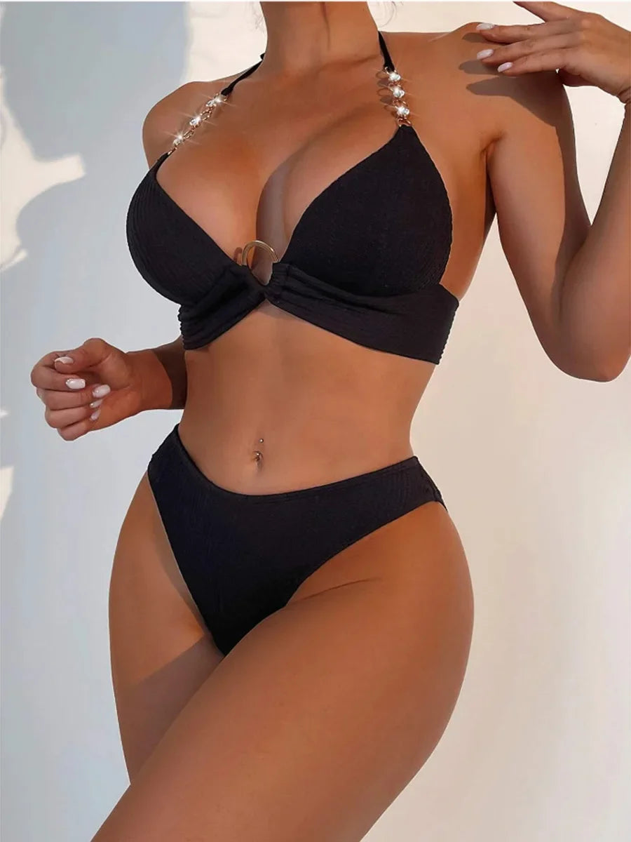 Push Up Ribbed Halter Bra Cup Bikini Female Swimsuit Women Swimwear Three-pieces Bikini Set Diamond Link Bathing Suit Swim Lady