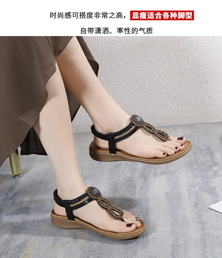 2026 New Shoes for Women Bohemia Crystal Sandals Women Shoes Rhinestone Lady Flip Flops Pearl Slip on Flat Beach Shoes