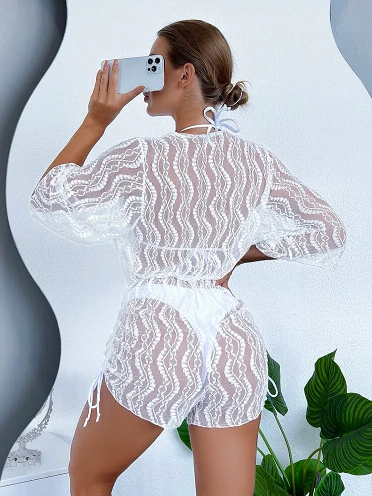 3 Pieces Bikini Tropical Print Swimsuit Halter Drawstring Side Swimwear Women 2026 Bathing Suit Female Swimming Summer Beachwear