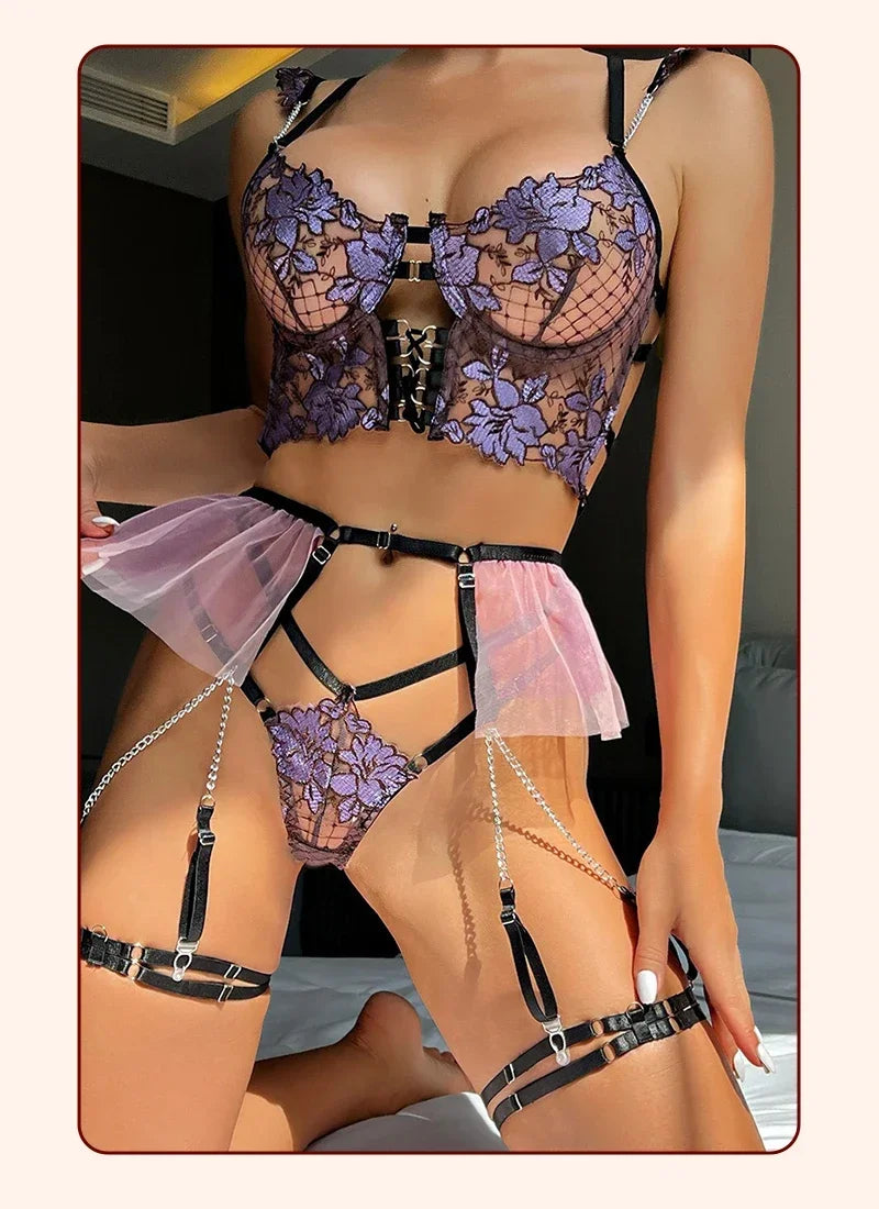 Erotic Sexy Lingerie Women Floral Transparent Lace Bra and Panty Set Underwear with Garter Intimate Outfits Bodysuits