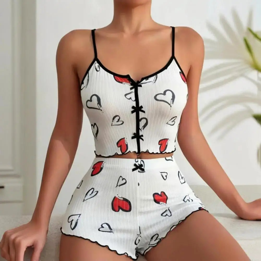 2 Pcs/Set Summer Women Pajamas Set Butterfly Heart Printing Sleeveless Backless Cop Top High Waist Shorts Sleepwear For Sleeping