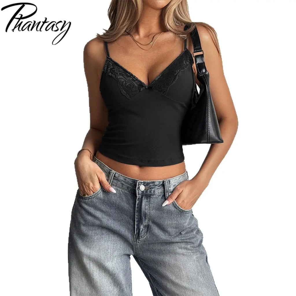 Phantasy Women Y2K Black Camisole Sexy Spicy Girl Style Solid Color Suspender Lace Vest Retro Women's Tanks 2026 Summer Outfit