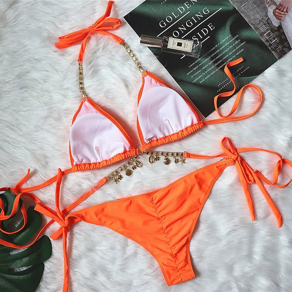 9 Colors New Sexy Bikini Women Rhinestone Shell Pendant Halter Gradient Swimwear Swimsuit Female Beach Bikinis Set Bathing Suit