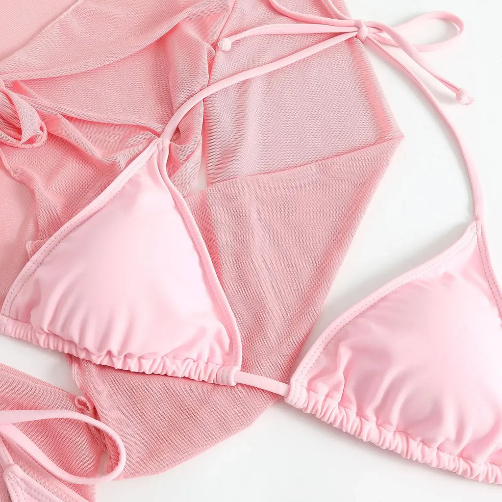 Women Pink Micro Mini String Bikini Sets 4 Pieces with Mesh Cover Tops and Skirt Swimsuit Bathing Suit Beach Outfits Biquini