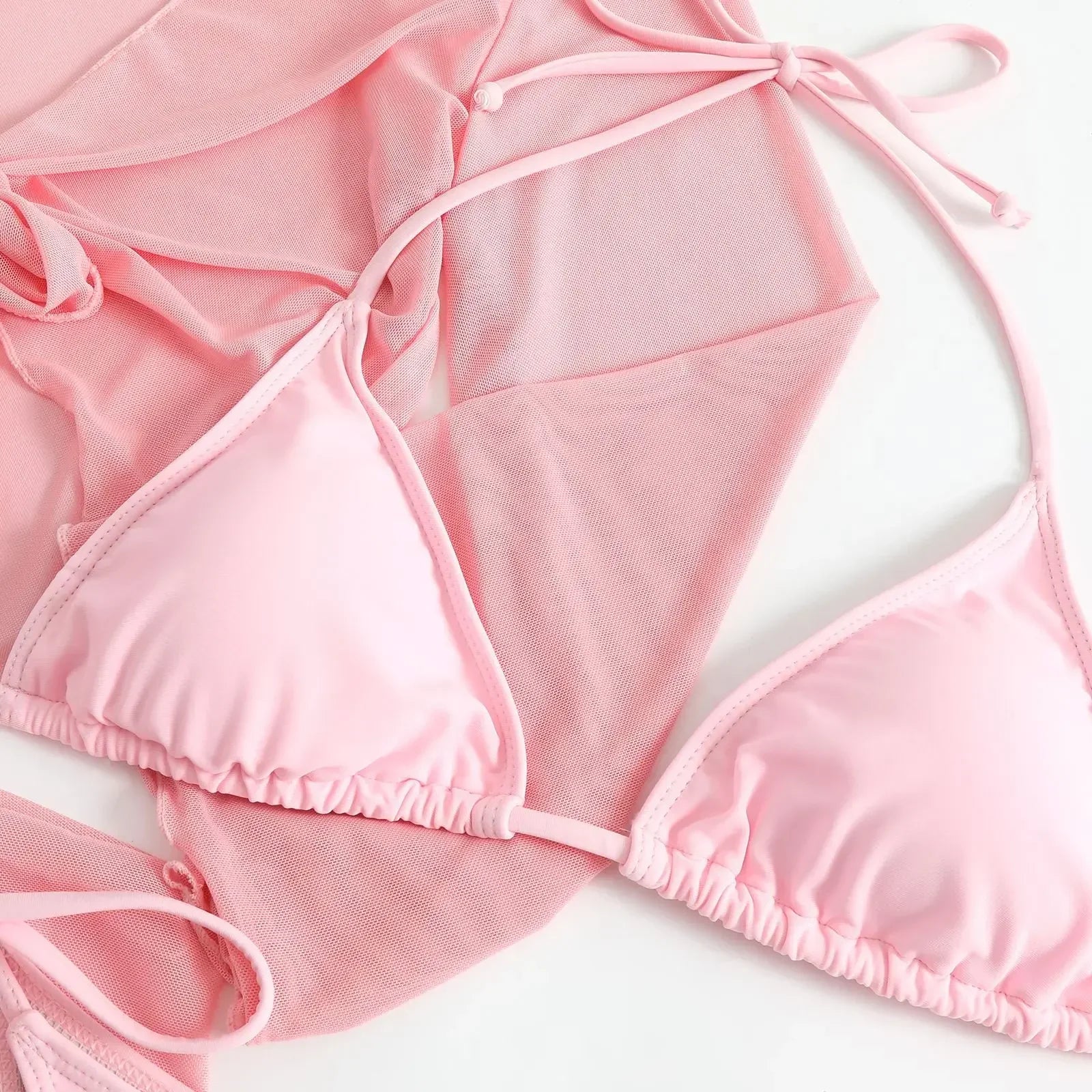 Women Pink Micro Mini String Bikini Sets 4 Pieces with Mesh Cover Tops and Skirt Swimsuit Bathing Suit Beach Outfits Biquini